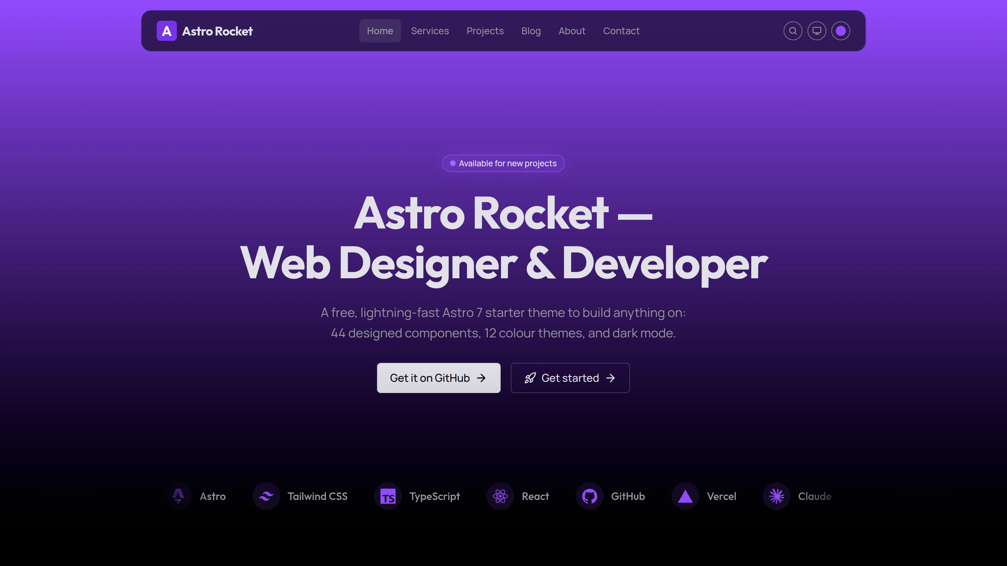 The same homepage hero in the Purple colour theme.